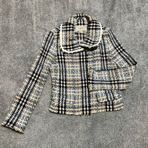 burberry jacket‎ womens 8 tan blue tweed houndstooth blazer quiet luxury classic